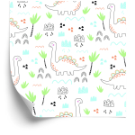 Tapete für Kinder, Dinosaurier Wolken Bäume Grün  1 Rolle