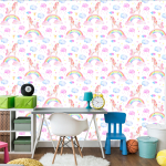 Tapete für Mädchen Pastellfarbene Einhörner, Regenbogen  1 Rolle