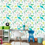 Tapete mit bunten Dinosauriern, Punkten, Jungenzimmer  1 Rolle