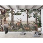 Mural mit Hirsch, Rehen und Fuchs – Gesamtansicht der Naturtapete an der Wand