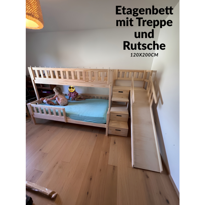 Etagenbett mit Treppe und Rutsche 120x200 aus natürlichem Holz