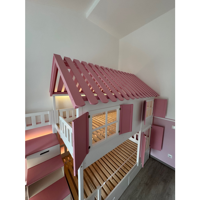 Stabiles Stockbett 120x200 mit Treppe und Rutsche, LED-Licht und kindersicherem Design für Familien in Österreich.