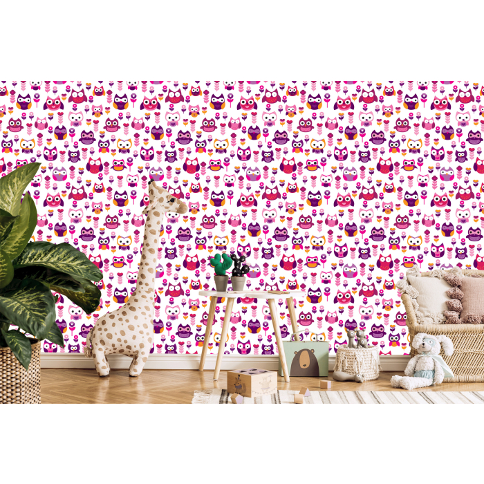 Tapete für Mädchenzimmer Bunte Eulen Blumen 1 Rolle