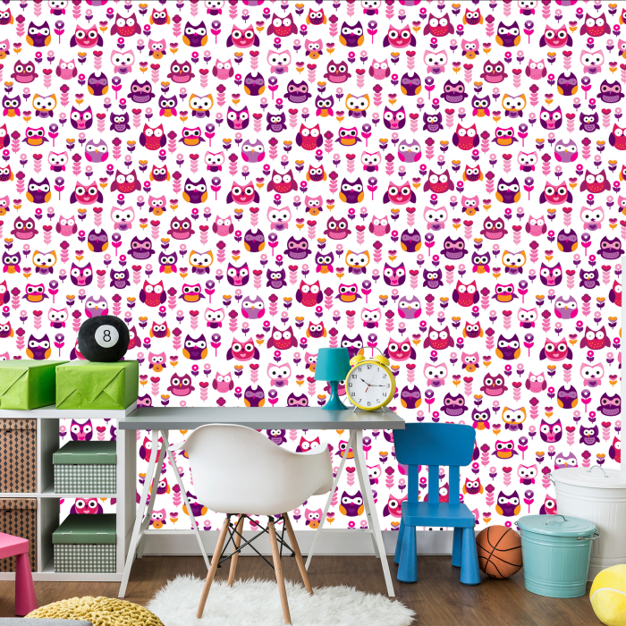 Tapete für Mädchenzimmer Bunte Eulen Blumen 1 Rolle