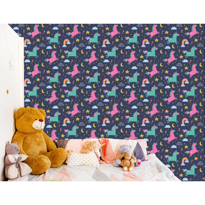 Tapete für Mädchen mit bunten Einhörnern und Regenbogen 1 Rolle