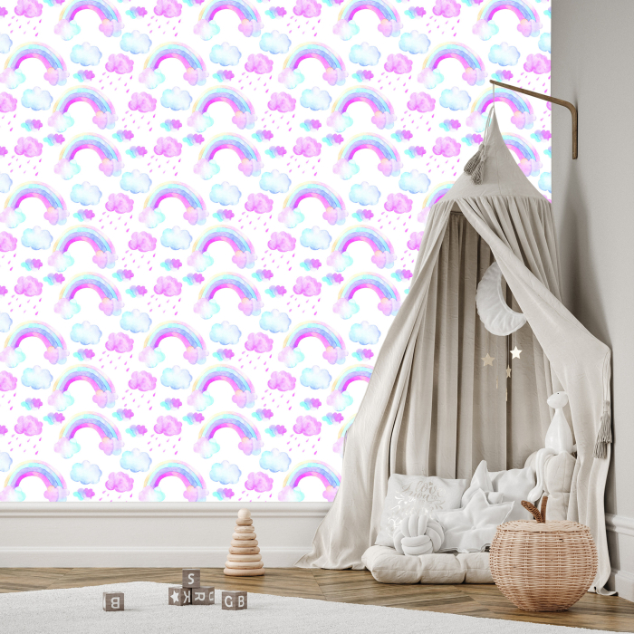 Tapete für Mädchen Regenbogen Bunte Wolken, 1 Rolle
