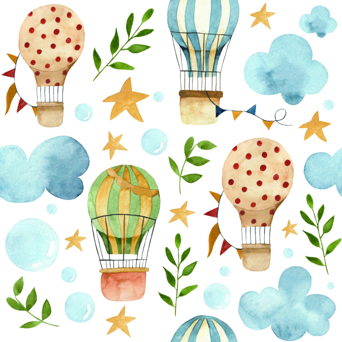 Tapete für Kinder, Luftballons Wolken Sterne Pflanzen  1 Rolle