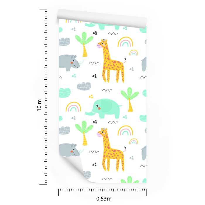 Tapete für Mädchen Tiere, Palmen, Regenbogen 1 Rolle