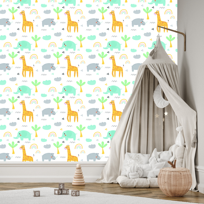Tapete für Mädchen Tiere, Palmen, Regenbogen 1 Rolle