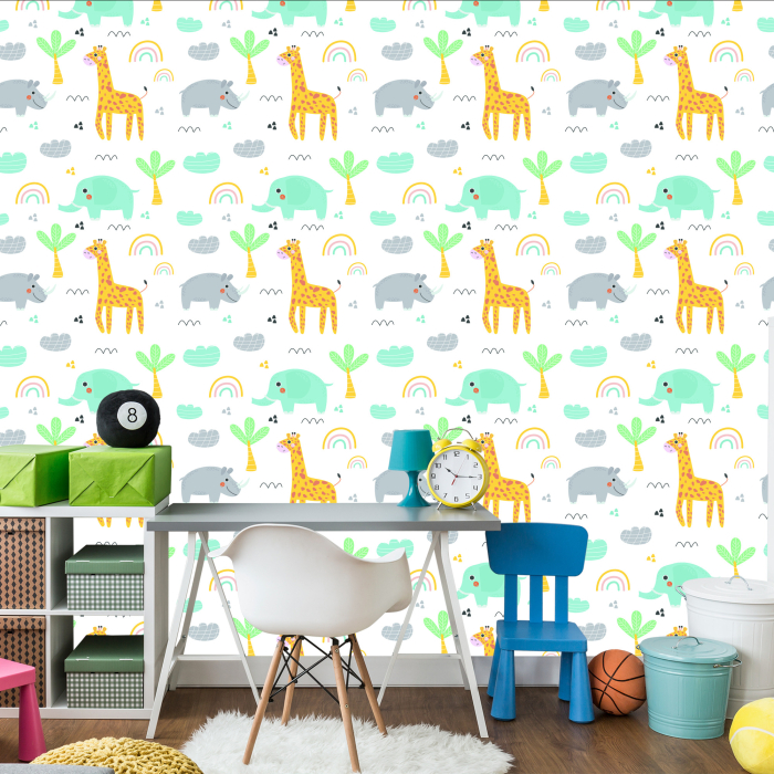 Tapete für Mädchen Tiere, Palmen, Regenbogen 1 Rolle
