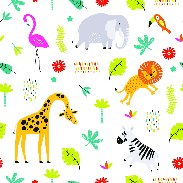 Tapete für Mädchenzimmer Flamingos, Löwen, Elefanten 1 Rolle