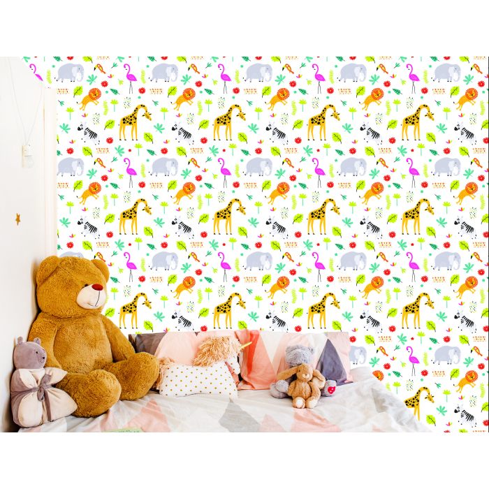 Tapete für Mädchenzimmer Flamingos, Löwen, Elefanten 1 Rolle