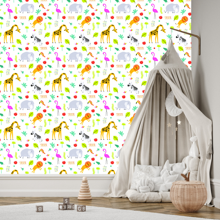 Tapete für Mädchenzimmer Flamingos, Löwen, Elefanten 1 Rolle