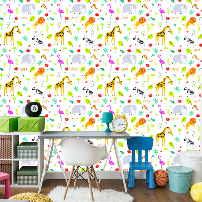 Tapete für Mädchenzimmer Flamingos, Löwen, Elefanten 1 Rolle