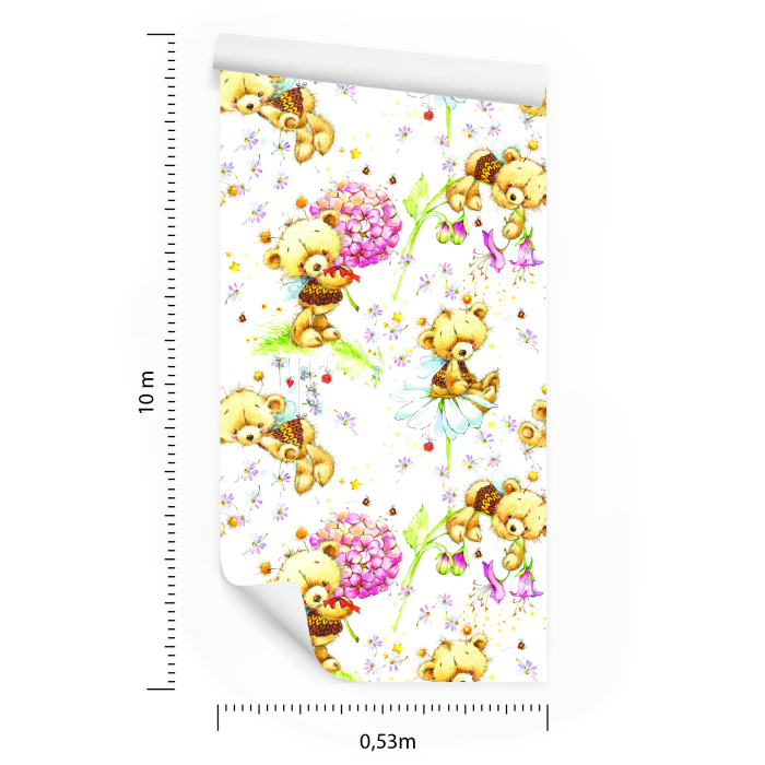 Tapete für Mädchen Teddybären Blumen Pflanzen Blätter, 1 Rolle