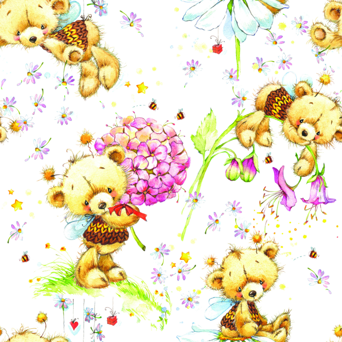Tapete für Mädchen Teddybären Blumen Pflanzen Blätter, 1 Rolle