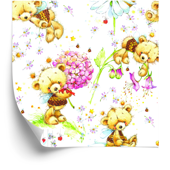 Tapete für Mädchen Teddybären Blumen Pflanzen Blätter, 1 Rolle