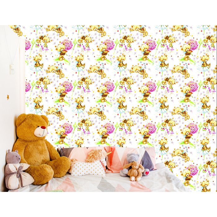 Tapete für Mädchen Teddybären Blumen Pflanzen Blätter, 1 Rolle