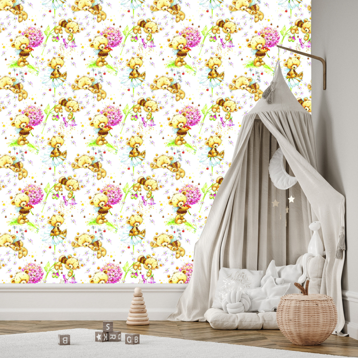 Tapete für Mädchen Teddybären Blumen Pflanzen Blätter, 1 Rolle