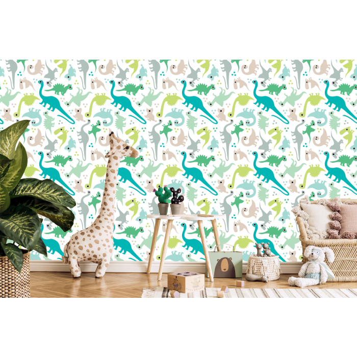 Tapete mit bunten Dinosauriern, Punkten, Jungenzimmer  1 Rolle