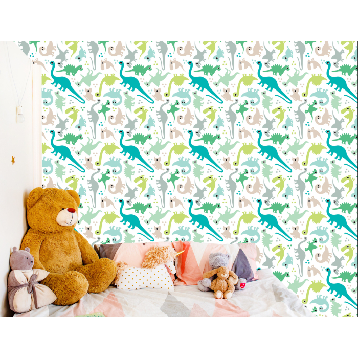 Tapete mit bunten Dinosauriern, Punkten, Jungenzimmer  1 Rolle