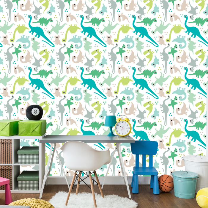 Tapete mit bunten Dinosauriern, Punkten, Jungenzimmer  1 Rolle