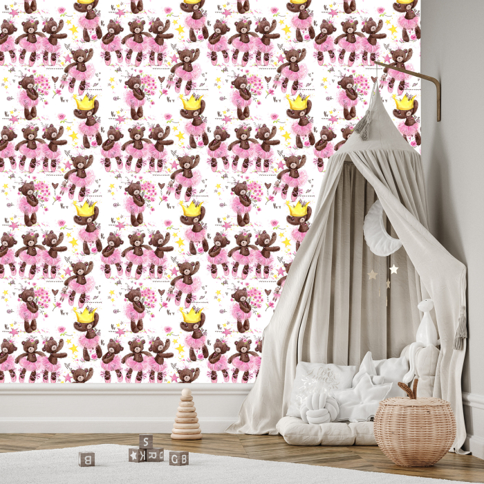 Tapete für Mädchen Teddybären, Sterne, Blumen
