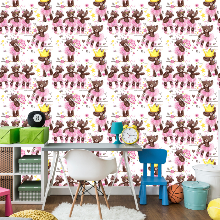Tapete für Mädchen Teddybären, Sterne, Blumen