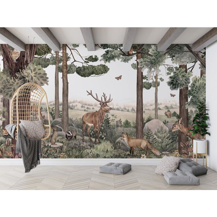 Mural mit Hirsch, Rehen und Fuchs – Gesamtansicht der Naturtapete an der Wand