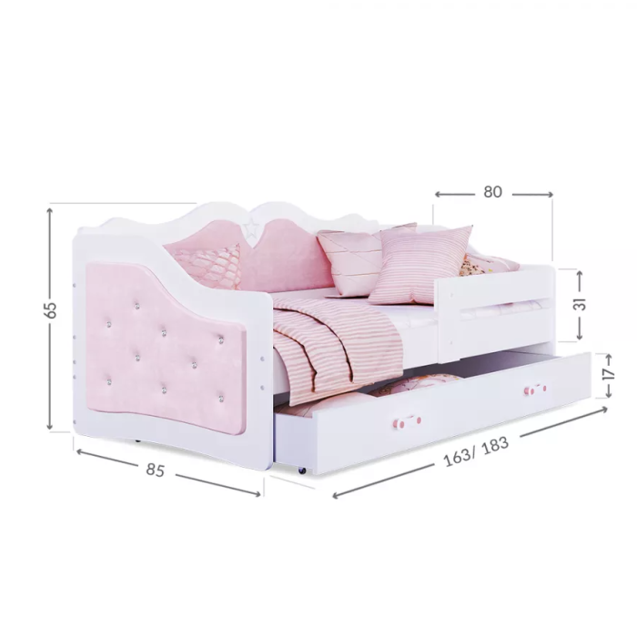 Das gepolsterte Bett Kleine Prinzessin (Pudriger Rosa) mit dekorativen Kristallen