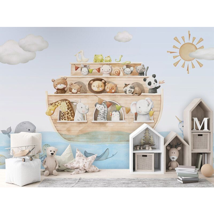 Mural für Kinderzimmer – Arche Noah mit niedlichen Tieren im Illustrationsstil